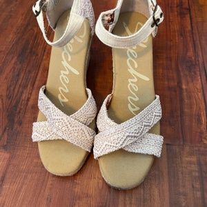Beige sketchers wedge sandals, size 8